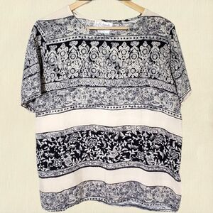 L'Amadei Blouse Size Medium Blue Cream Floral Stripes Classic Romance Vintage